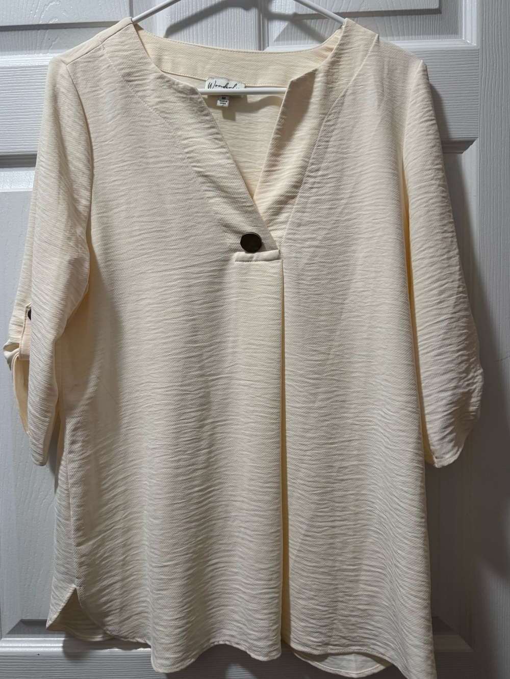 Wonderly Cream V-Neck Textured Blouse with Button Accent